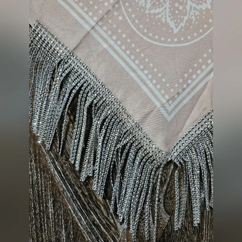 NWT Tan Satin Bandana Wild Rag with Beaded Rhinestone Fringe